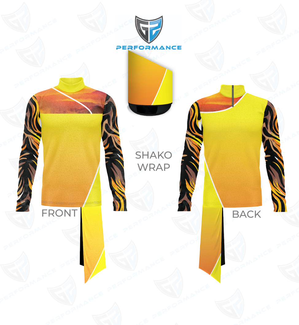 A long-sleeve athletic jersey shown from the front and back with a wrap-style collar, featuring a bright yellow body with a warm gradient and flame-like black, orange, and brown pattern on the sleeves. A small inset shows the collar wrap detail, and the image includes a shield logo and the words PERFORMANCE and SHAKO WRAP.