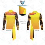 A long-sleeve athletic jersey shown from the front and back with a wrap-style collar, featuring a bright yellow body with a warm gradient and flame-like black, orange, and brown pattern on the sleeves. A small inset shows the collar wrap detail, and the image includes a shield logo and the words PERFORMANCE and SHAKO WRAP.