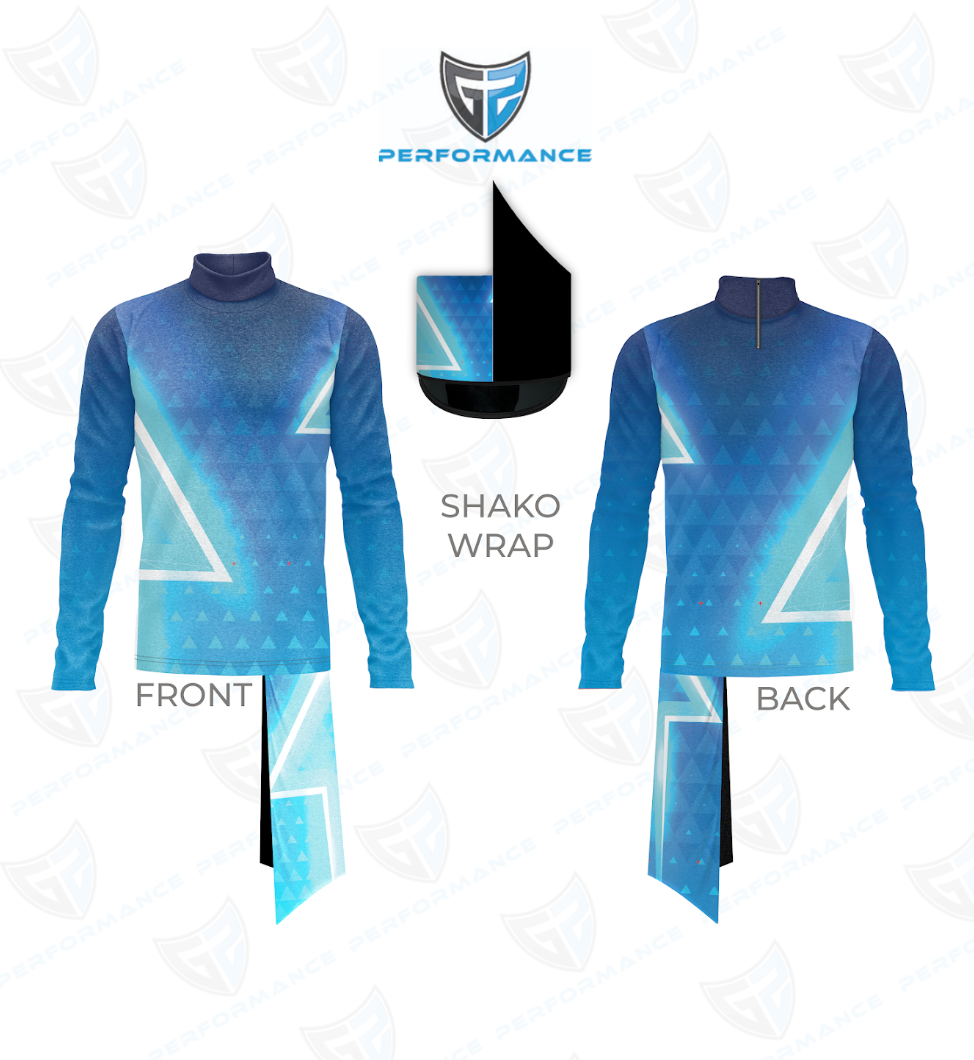 Blue and light blue shako wrap athletic jersey shown from the front and back, with a central graphic demonstrating the shako wrap detail. The image includes a shield logo at the top with the text 'PERFORMANCE'.