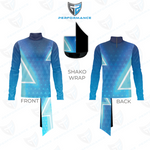 Blue and light blue shako wrap athletic jersey shown from the front and back, with a central graphic demonstrating the shako wrap detail. The image includes a shield logo at the top with the text 'PERFORMANCE'.