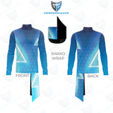 Blue and light blue shako wrap athletic jersey shown from the front and back, with a central graphic demonstrating the shako wrap detail. The image includes a shield logo at the top with the text 'PERFORMANCE'.