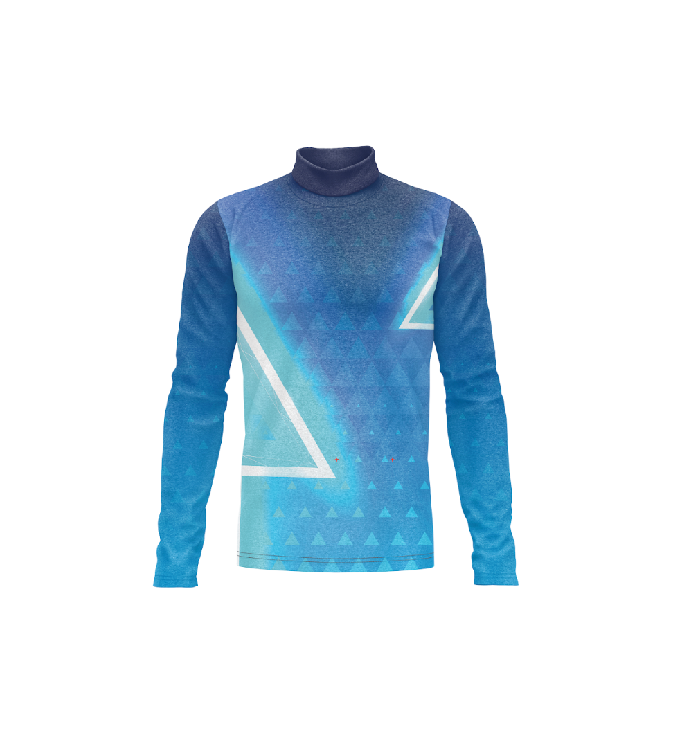 A long-sleeve athletic turtleneck top in shades of blue with a white geometric triangle pattern, shown on a plain white background.