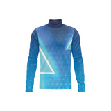 A long-sleeve athletic turtleneck top in shades of blue with a white geometric triangle pattern, shown on a plain white background.