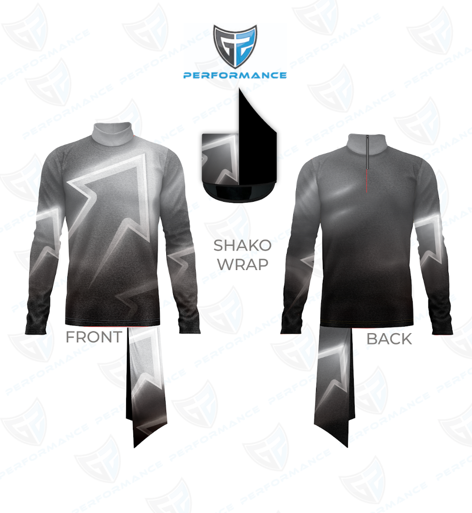 A long-sleeve athletic top shown from the front and back on a white background, with a central inset showing a black shako wrap applied to the collar area. The shirt has a grayscale gradient design with white geometric star-like line graphics.