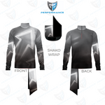 A long-sleeve athletic top shown from the front and back on a white background, with a central inset showing a black shako wrap applied to the collar area. The shirt has a grayscale gradient design with white geometric star-like line graphics.