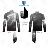 A long-sleeve athletic top shown from the front and back on a white background, with a central inset showing a black shako wrap applied to the collar area. The shirt has a grayscale gradient design with white geometric star-like line graphics.
