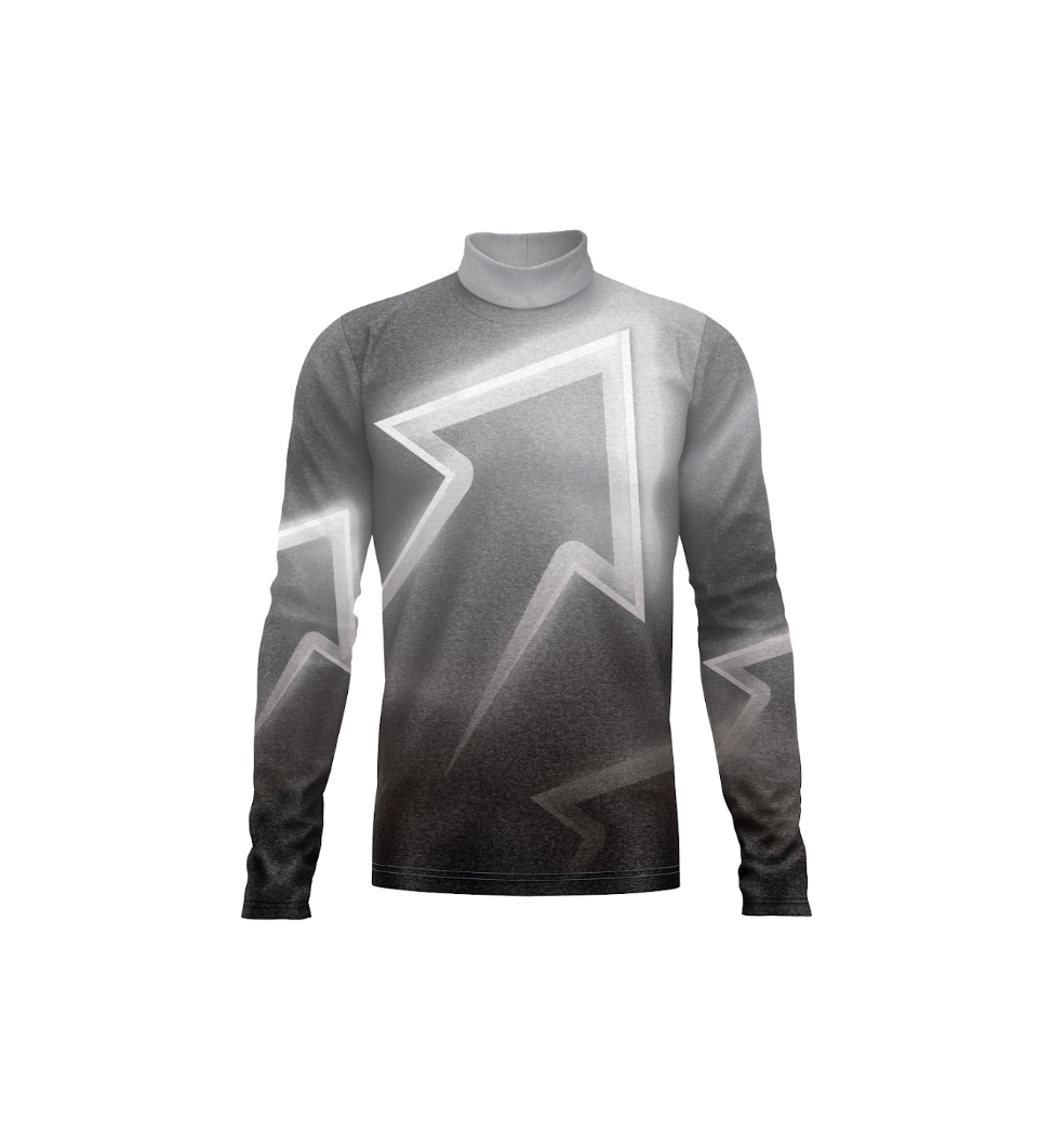 A long-sleeve athletic turtleneck top with a gray and black gradient design and white geometric arrow-like graphics on the front, displayed on a solid white background.