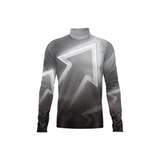 A long-sleeve athletic turtleneck top with a gray and black gradient design and white geometric arrow-like graphics on the front, displayed on a solid white background.