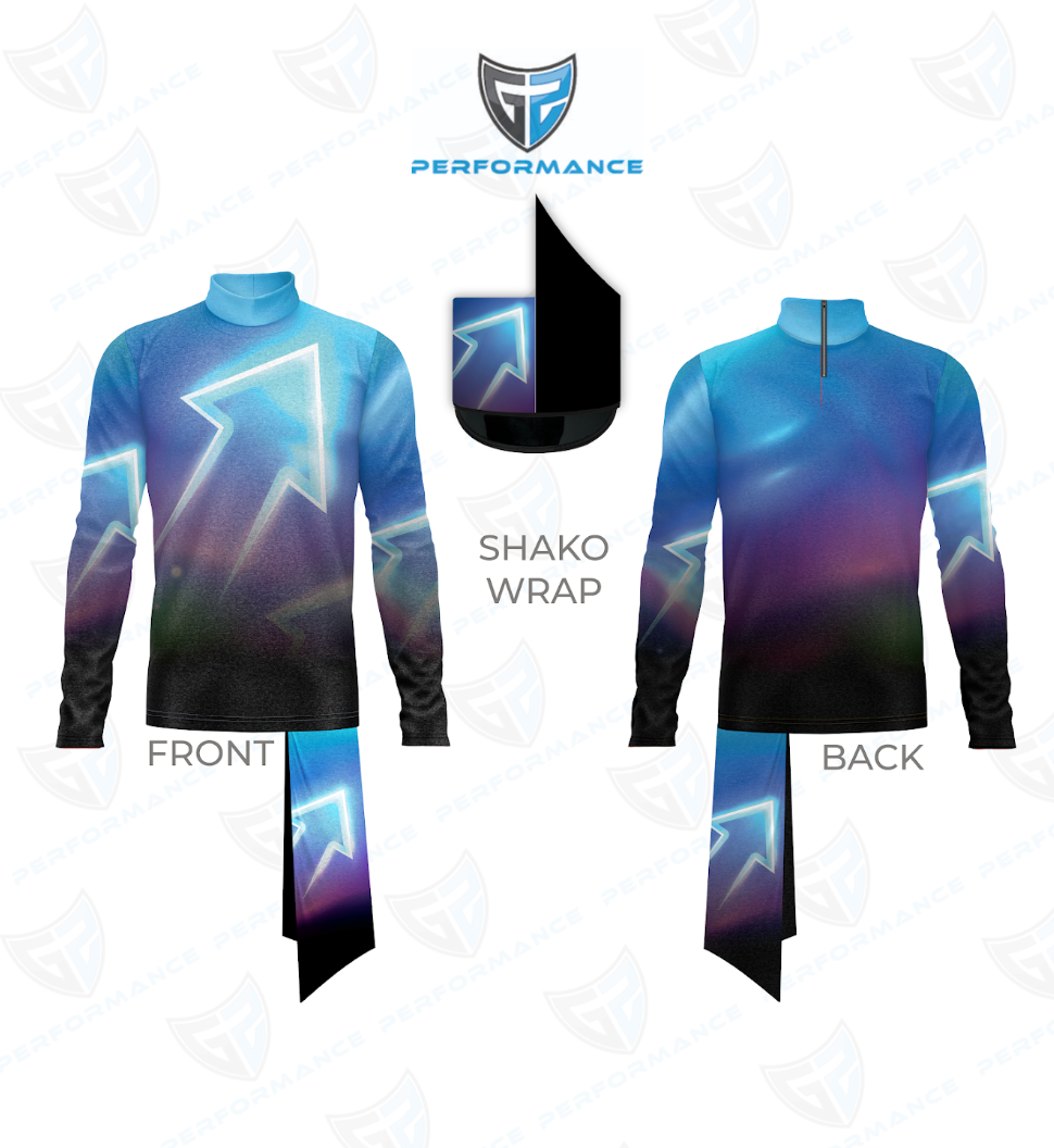 Front and back views of a long-sleeve performance jersey with a blue-to-purple gradient and glowing arrow graphic, shown with a black shako wrap overlay on a white background.