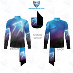 Front and back views of a long-sleeve performance jersey with a blue-to-purple gradient and glowing arrow graphic, shown with a black shako wrap overlay on a white background.