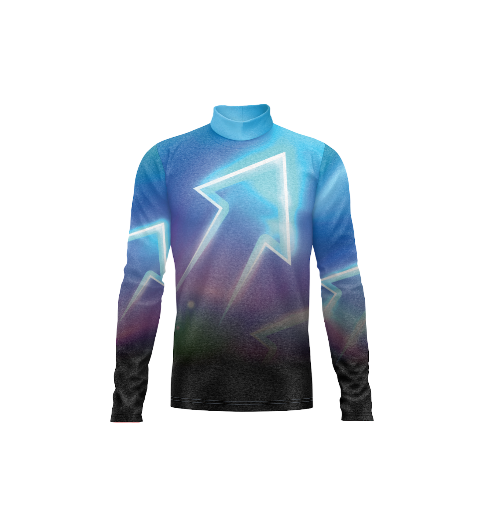 A long-sleeve mock neck shirt featuring a cosmic, galaxy-like gradient print with a glowing white arrow graphic on the front, set against a plain white background.