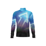 A long-sleeve mock neck shirt featuring a cosmic, galaxy-like gradient print with a glowing white arrow graphic on the front, set against a plain white background.