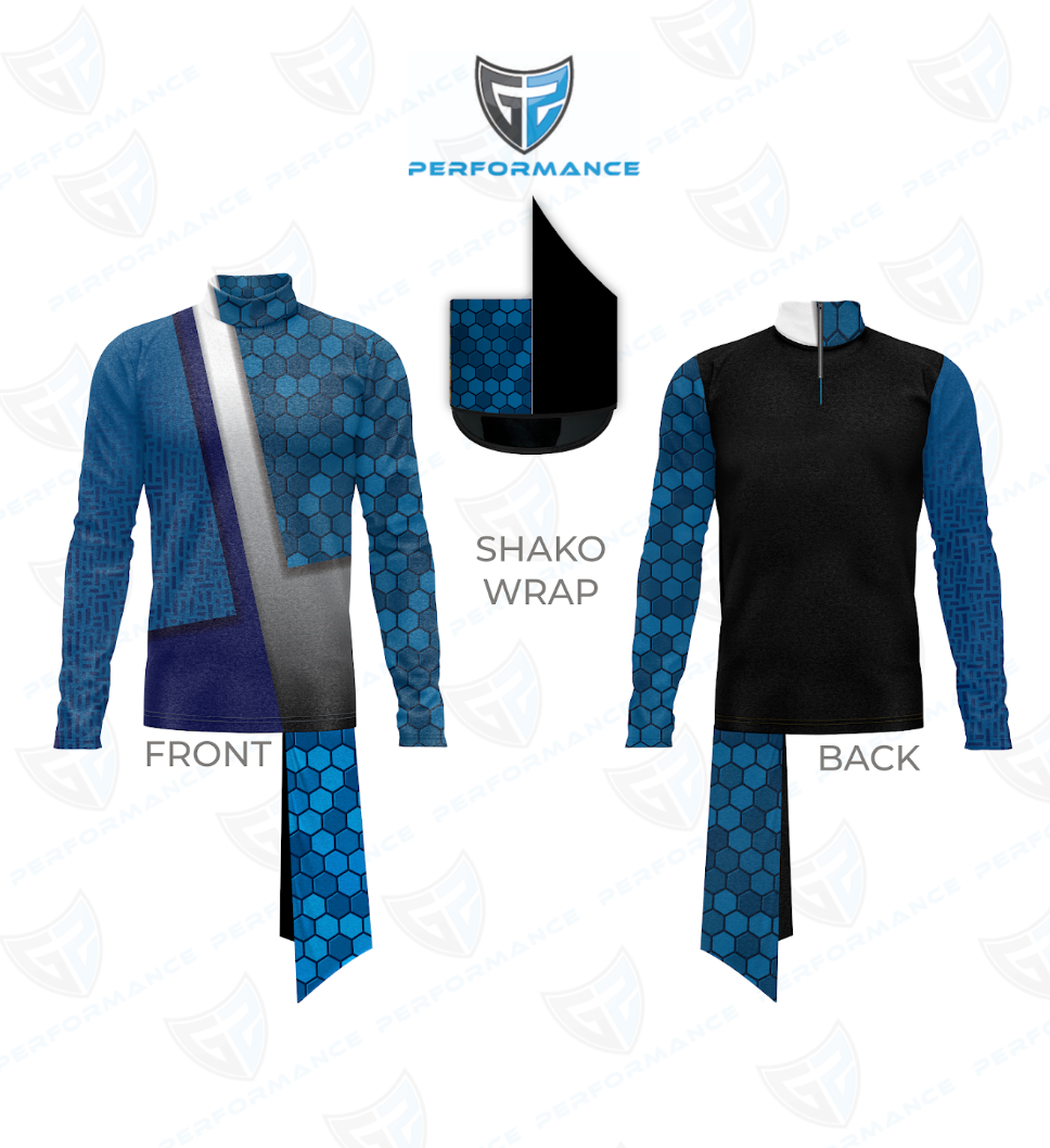 A performance athletic top shown in front and back views with a separate shako wrap detail on a white background. The garment has blue patterned sleeves and lower panels, a black torso section on the back, and a gray panel on the front.