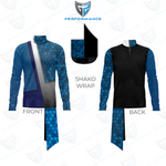A performance athletic top shown in front and back views with a separate shako wrap detail on a white background. The garment has blue patterned sleeves and lower panels, a black torso section on the back, and a gray panel on the front.
