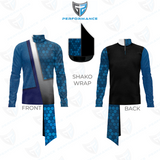 A performance athletic top shown in front and back views with a separate shako wrap detail on a white background. The garment has blue patterned sleeves and lower panels, a black torso section on the back, and a gray panel on the front.