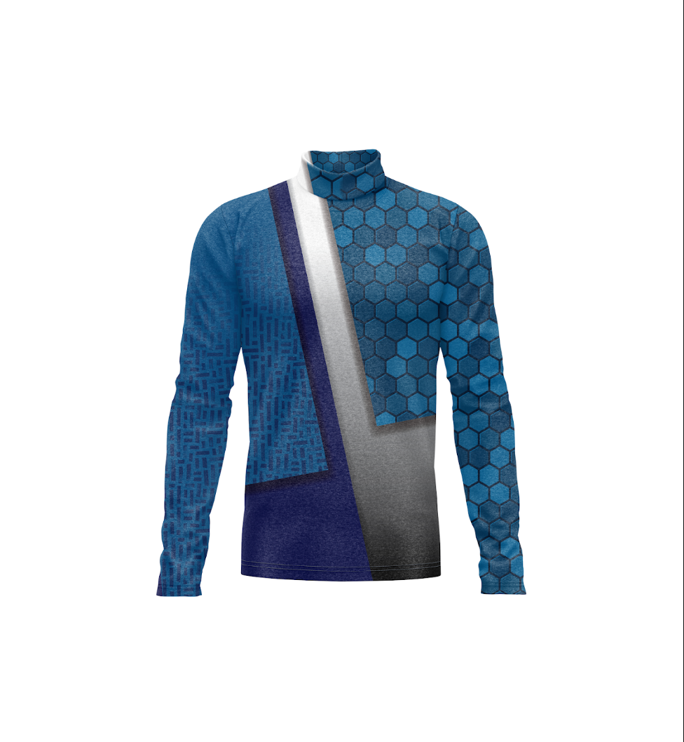 A long-sleeve mock neck athletic top featuring a split design: one side has a blue geometric pattern, the other has a blue hexagonal pattern, with a diagonal white stripe and a gray gradient panel in the center.