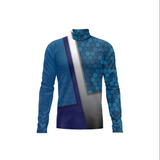 A long-sleeve mock neck athletic top featuring a split design: one side has a blue geometric pattern, the other has a blue hexagonal pattern, with a diagonal white stripe and a gray gradient panel in the center.