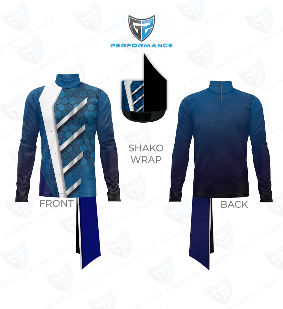Front and back views of a blue athletic performance jacket with a high collar, featuring a white diagonal stripe on the front, a hexagonal pattern on the chest, and a matching blue gradient back panel. A separate black and blue shako wrap is shown above, with a shield logo reading PERFORMANCE at the top.