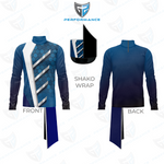 Front and back views of a blue athletic performance jacket with a high collar, featuring a white diagonal stripe on the front, a hexagonal pattern on the chest, and a matching blue gradient back panel. A separate black and blue shako wrap is shown above, with a shield logo reading PERFORMANCE at the top.