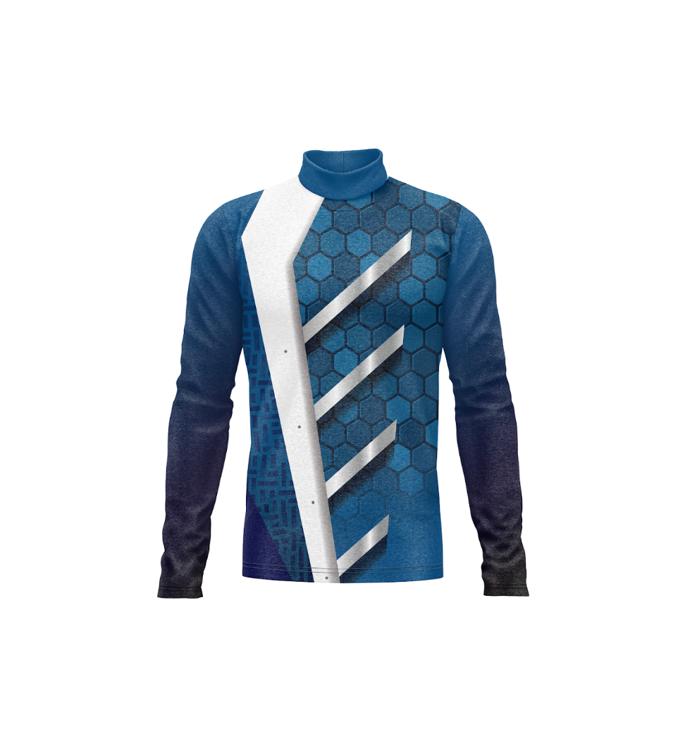 A long-sleeve athletic jersey with a blue and navy geometric pattern, featuring a white diagonal stripe with a hexagonal grid design and metallic silver diagonal accents.