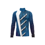A long-sleeve athletic jersey with a blue and navy geometric pattern, featuring a white diagonal stripe with a hexagonal grid design and metallic silver diagonal accents.