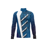 A long-sleeve athletic jersey with a blue and navy geometric pattern, featuring a white diagonal stripe with a hexagonal grid design and metallic silver diagonal accents.