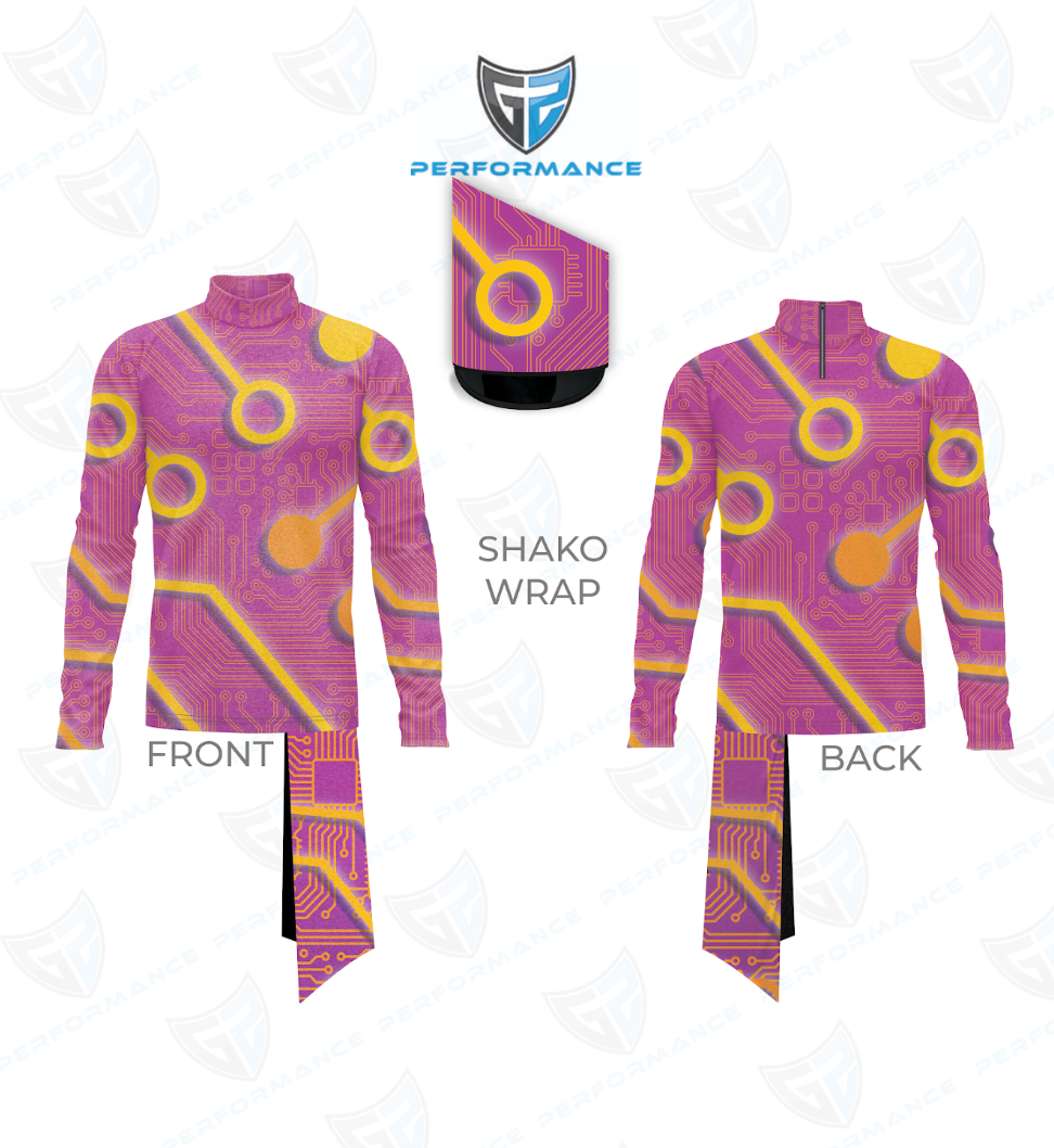 A long-sleeve performance jersey shown from the front and back with a matching shako wrap, featuring a purple and yellow circuit board pattern. The image includes a logo for 'Performance' and labels indicating 'FRONT', 'BACK', and 'SHAKO WRAP'.