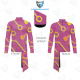 A long-sleeve performance jersey shown from the front and back with a matching shako wrap, featuring a purple and yellow circuit board pattern. The image includes a logo for 'Performance' and labels indicating 'FRONT', 'BACK', and 'SHAKO WRAP'.