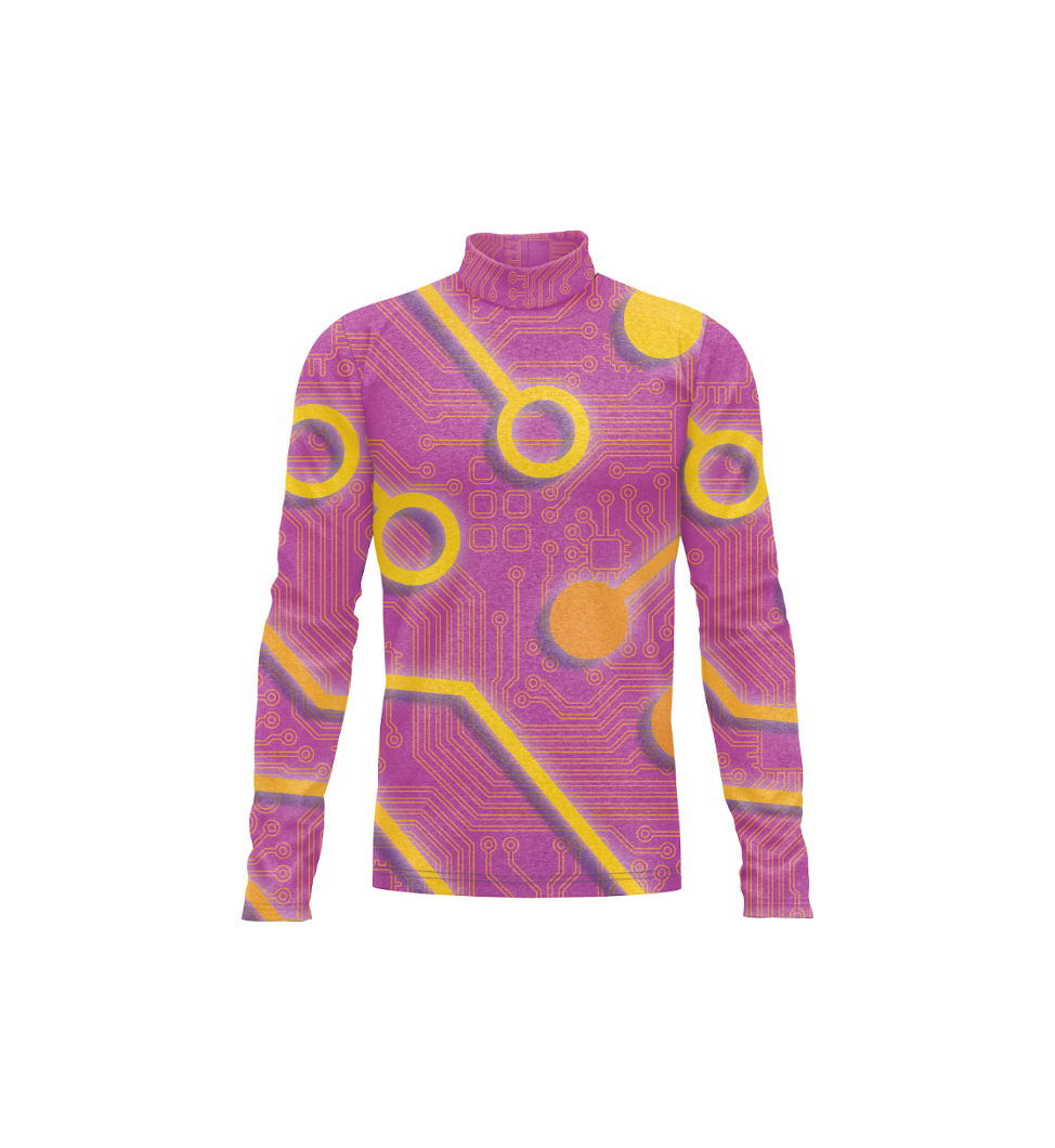 A long-sleeve mock neck shirt with a purple and yellow circuit board pattern, shown on a plain white background.