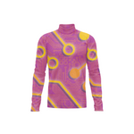 A long-sleeve mock neck shirt with a purple and yellow circuit board pattern, shown on a plain white background.