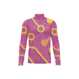 A long-sleeve mock neck shirt with a purple and yellow circuit board pattern, shown on a plain white background.
