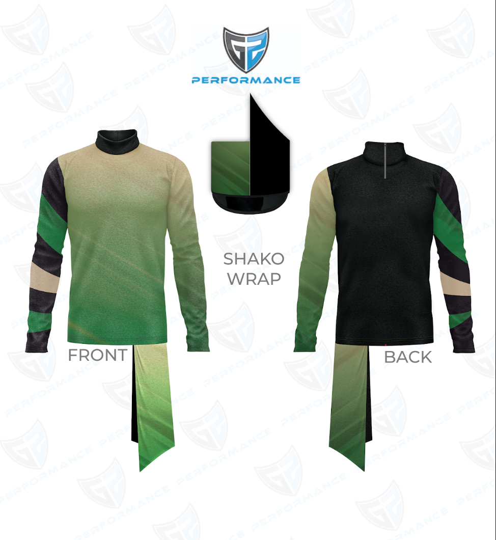 A custom long-sleeve athletic jersey mockup showing front and back views with a green gradient shako wrap. The front view features a beige-to-green gradient body, black shoulder panels, and green stripes on the sleeves.