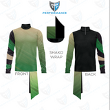 A custom long-sleeve athletic jersey mockup showing front and back views with a green gradient shako wrap. The front view features a beige-to-green gradient body, black shoulder panels, and green stripes on the sleeves.