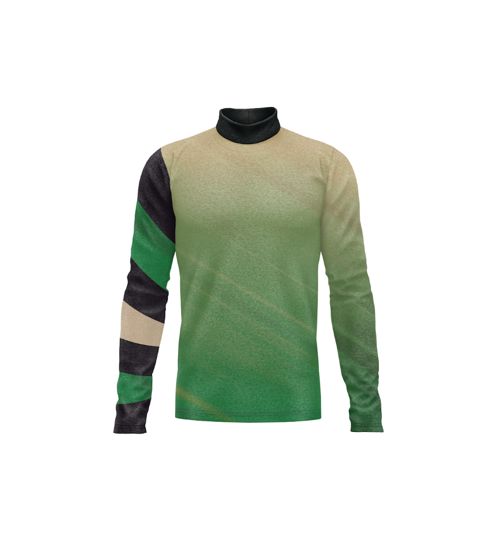 A long-sleeve mock neck shirt with a color-blocked design. The body features a gradient from beige at the shoulders to green at the hem, while one sleeve has diagonal blocks of black, green, and beige.