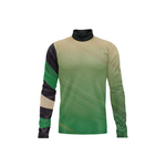 A long-sleeve mock neck shirt with a color-blocked design. The body features a gradient from beige at the shoulders to green at the hem, while one sleeve has diagonal blocks of black, green, and beige.
