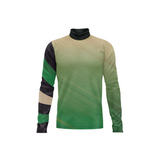 A long-sleeve mock neck shirt with a color-blocked design. The body features a gradient from beige at the shoulders to green at the hem, while one sleeve has diagonal blocks of black, green, and beige.