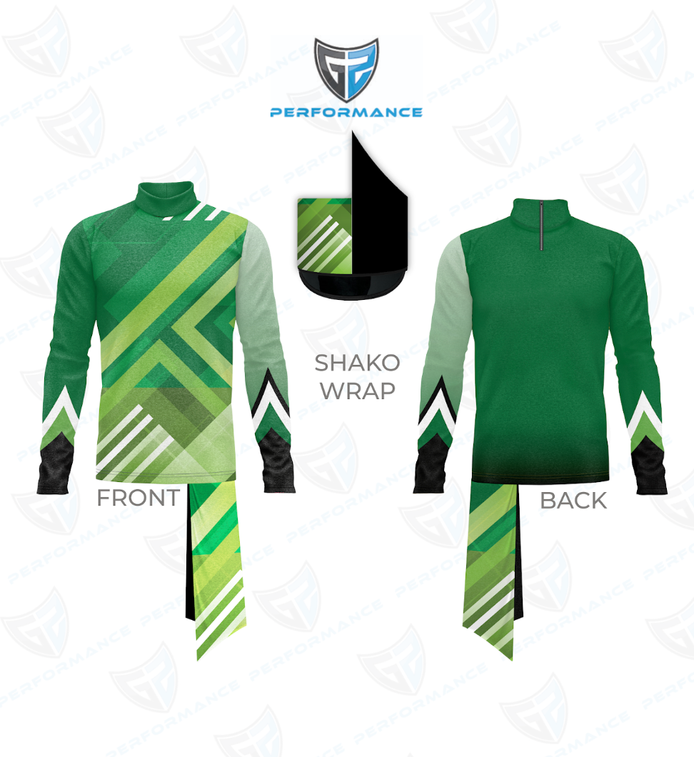 A long-sleeve performance jersey shown from the front and back on a white background, with a separate shaded wrap panel labeled 'SHAKO WRAP.' The jersey has a green gradient body, light green sleeves, black lower sleeves, and diagonal striped lower panels.