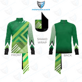 A long-sleeve performance jersey shown from the front and back on a white background, with a separate shaded wrap panel labeled 'SHAKO WRAP.' The jersey has a green gradient body, light green sleeves, black lower sleeves, and diagonal striped lower panels.