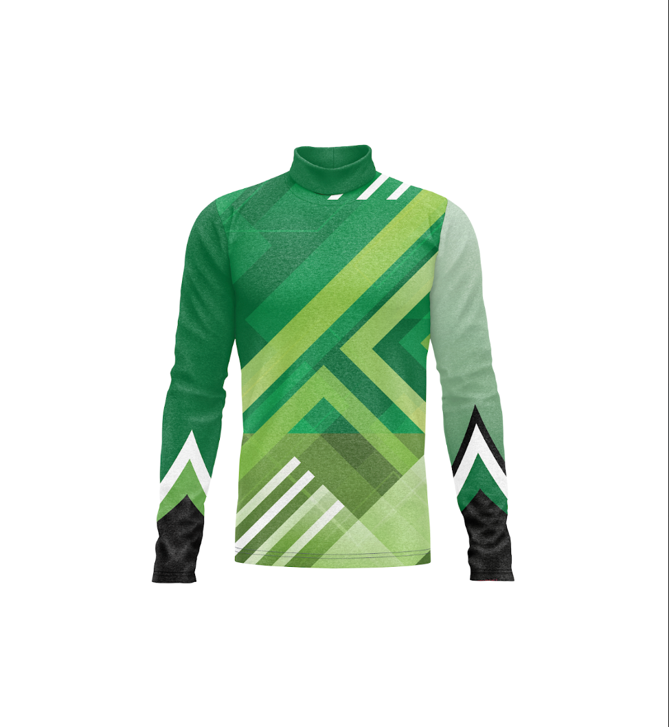 A long-sleeve athletic jersey with a geometric green and light green chevron pattern, white accent stripes, and black cuffs, shown on a plain white background.