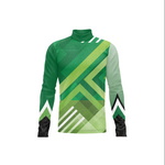 A long-sleeve athletic jersey with a geometric green and light green chevron pattern, white accent stripes, and black cuffs, shown on a plain white background.