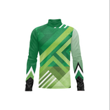 A long-sleeve athletic jersey with a geometric green and light green chevron pattern, white accent stripes, and black cuffs, shown on a plain white background.