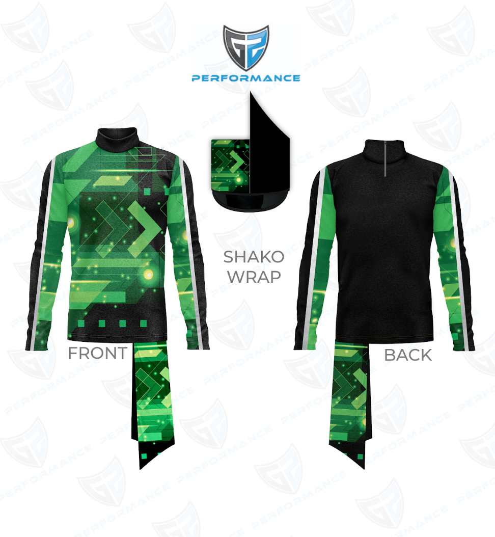 A custom athletic performance top shown in front and back views, featuring a green and black geometric digital pattern on the body and sleeves, with solid black sleeves. Includes a separate black shako wrap shown peeling back from the collar.