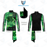 A custom athletic performance top shown in front and back views, featuring a green and black geometric digital pattern on the body and sleeves, with solid black sleeves. Includes a separate black shako wrap shown peeling back from the collar.