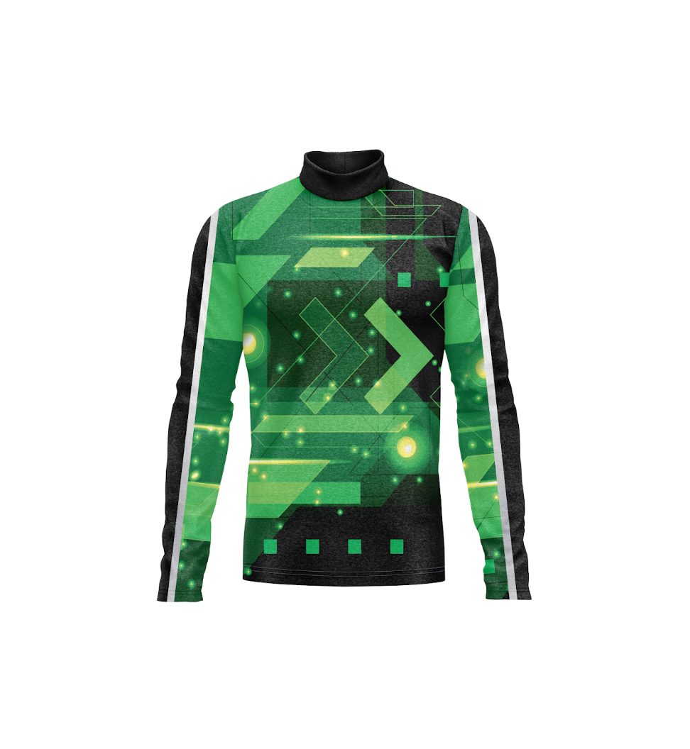 A long-sleeve athletic top with a mock neck, featuring a green and black geometric circuit board pattern with glowing light effects, shown on a plain white background.