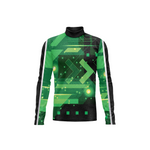 A long-sleeve athletic top with a mock neck, featuring a green and black geometric circuit board pattern with glowing light effects, shown on a plain white background.