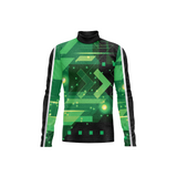 A long-sleeve athletic top with a mock neck, featuring a green and black geometric circuit board pattern with glowing light effects, shown on a plain white background.