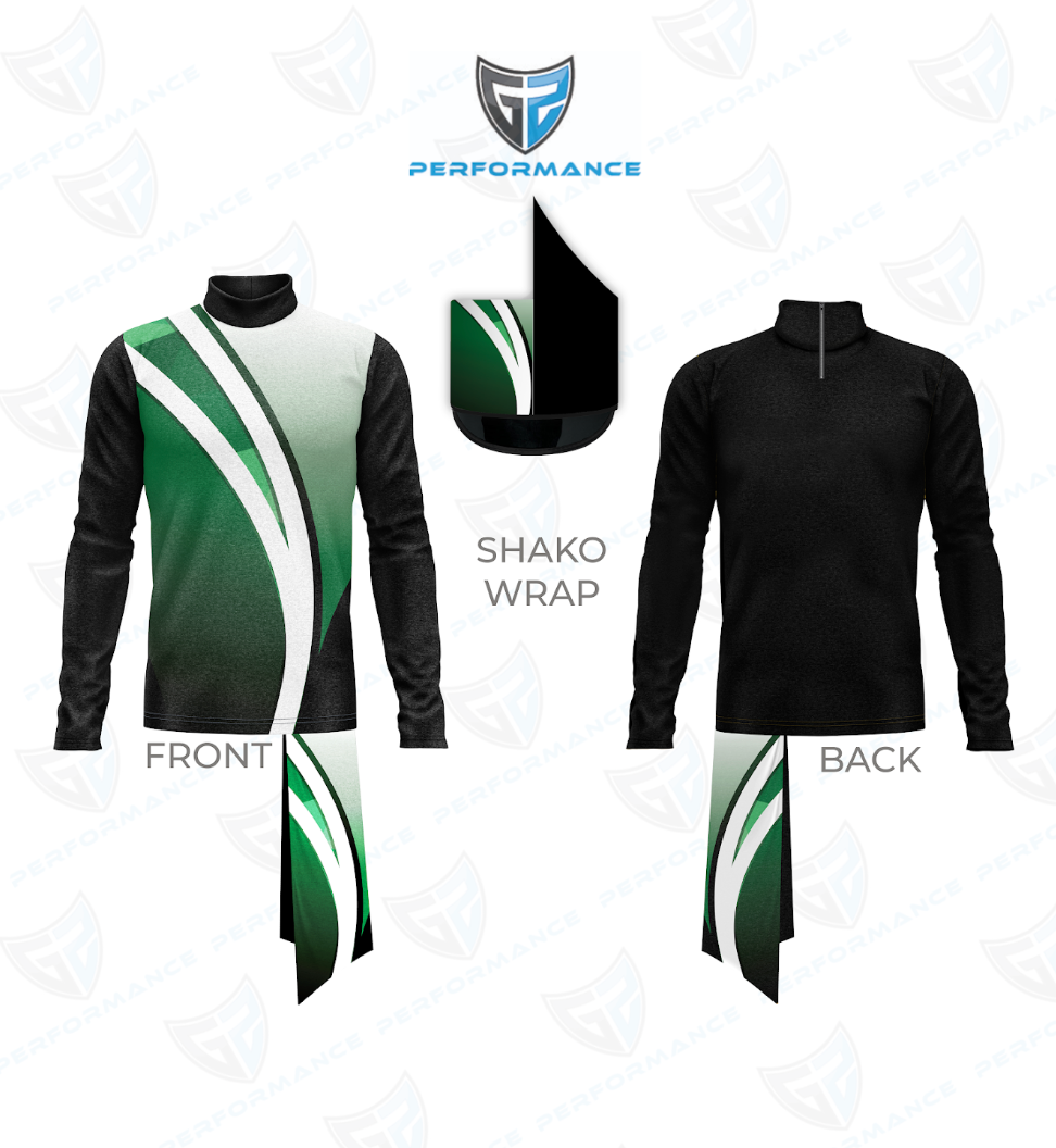 A custom sports jersey mockup showing front and back views with a green and white shako wrap design, alongside a close-up of the wrap detail. The brand logo 'Performance' is visible at the top.