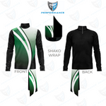 A custom sports jersey mockup showing front and back views with a green and white shako wrap design, alongside a close-up of the wrap detail. The brand logo 'Performance' is visible at the top.