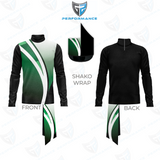 A custom sports jersey mockup showing front and back views with a green and white shako wrap design, alongside a close-up of the wrap detail. The brand logo 'Performance' is visible at the top.