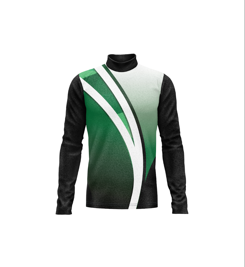 A long-sleeve athletic turtleneck top with a black base, featuring a green and white diagonal graphic pattern on the front, displayed on a solid white background.